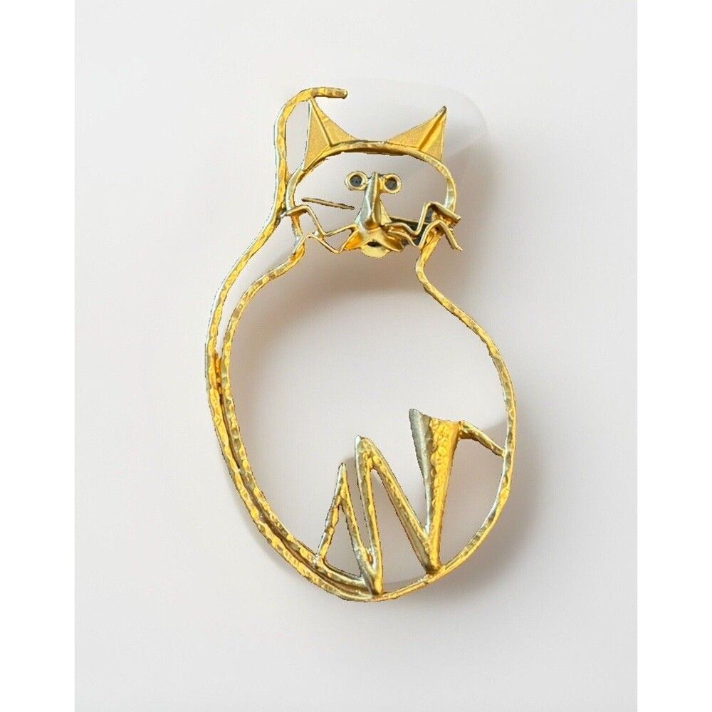 Cat Pin Large Gold Tone Hammered Abstract Brooch 3.5”